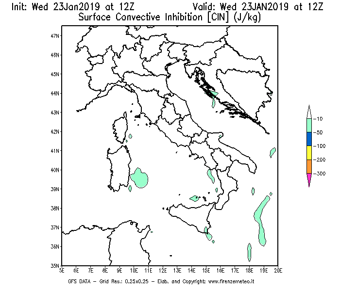 Mappa di analisi GFS - CIN [J/kg] in Italia
							del 23/01/2019 12 <!--googleoff: index-->UTC<!--googleon: index-->