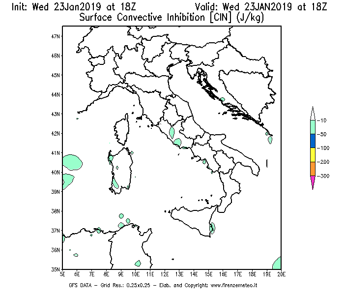 Mappa di analisi GFS - CIN [J/kg] in Italia
							del 23/01/2019 18 <!--googleoff: index-->UTC<!--googleon: index-->