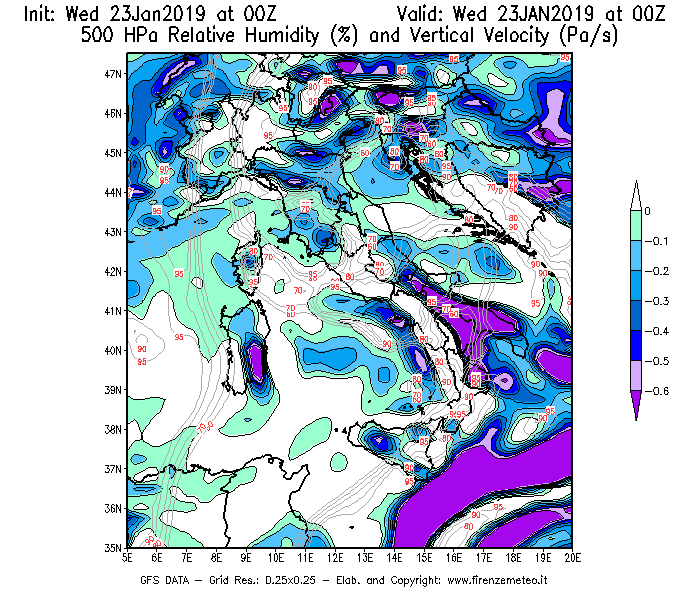 Mappa di analisi GFS - Umidità relativa [%] e Omega [Pa/s] a 500 hPa in Italia
							del 23/01/2019 00 <!--googleoff: index-->UTC<!--googleon: index-->