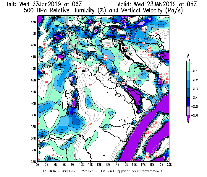 Mappa di analisi GFS - Umidità relativa [%] e Omega [Pa/s] a 500 hPa in Italia
							del 23/01/2019 06 <!--googleoff: index-->UTC<!--googleon: index-->