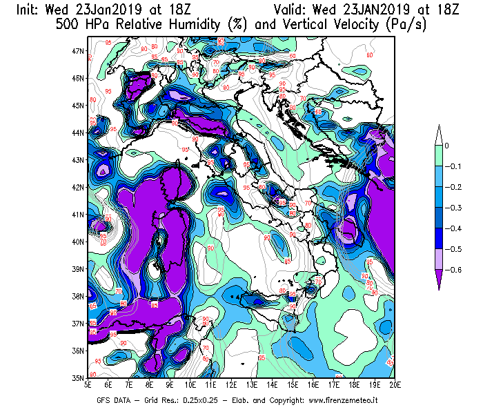 Mappa di analisi GFS - Umidità relativa [%] e Omega [Pa/s] a 500 hPa in Italia
							del 23/01/2019 18 <!--googleoff: index-->UTC<!--googleon: index-->