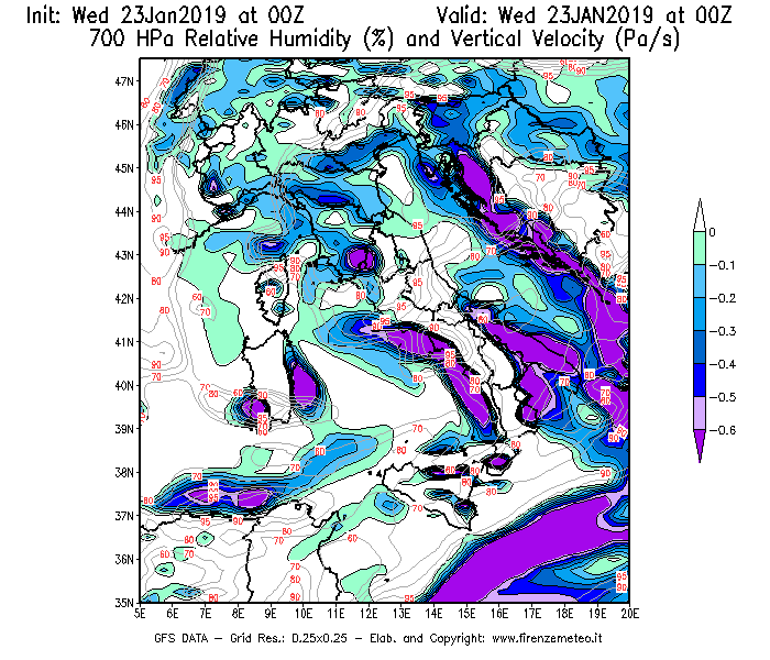 Mappa di analisi GFS - Umidità relativa [%] e Omega [Pa/s] a 700 hPa in Italia
							del 23/01/2019 00 <!--googleoff: index-->UTC<!--googleon: index-->