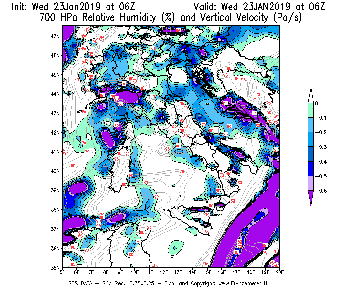 Mappa di analisi GFS - Umidità relativa [%] e Omega [Pa/s] a 700 hPa in Italia
							del 23/01/2019 06 <!--googleoff: index-->UTC<!--googleon: index-->
