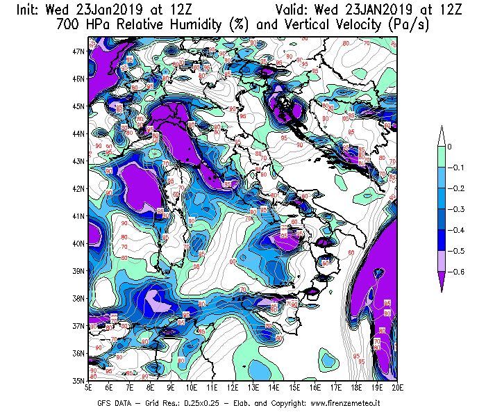 Mappa di analisi GFS - Umidità relativa [%] e Omega [Pa/s] a 700 hPa in Italia
							del 23/01/2019 12 <!--googleoff: index-->UTC<!--googleon: index-->
