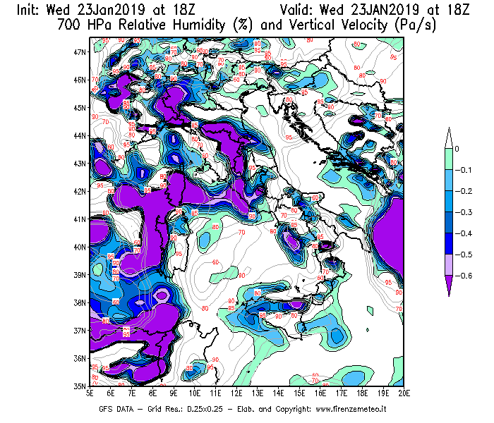 Mappa di analisi GFS - Umidità relativa [%] e Omega [Pa/s] a 700 hPa in Italia
							del 23/01/2019 18 <!--googleoff: index-->UTC<!--googleon: index-->
