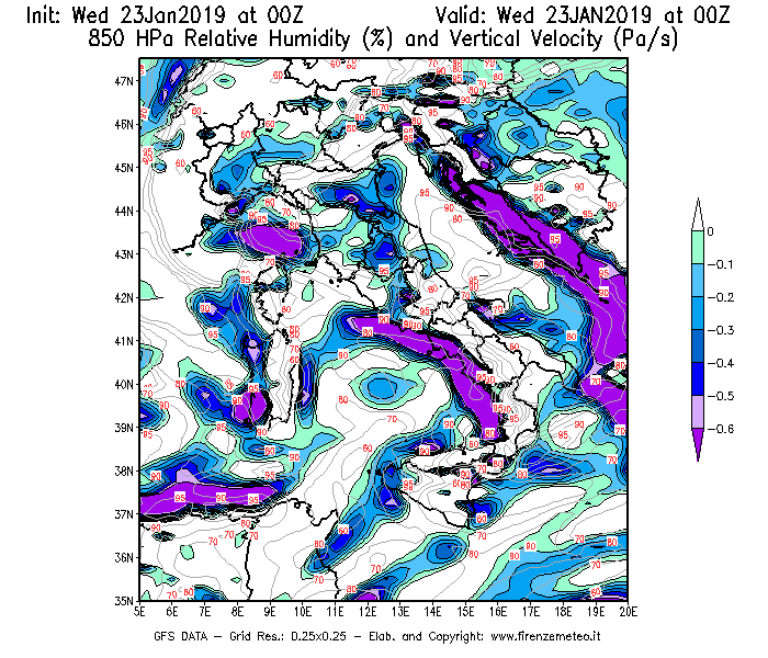 Mappa di analisi GFS - Umidità relativa [%] e Omega [Pa/s] a 850 hPa in Italia
							del 23/01/2019 00 <!--googleoff: index-->UTC<!--googleon: index-->
