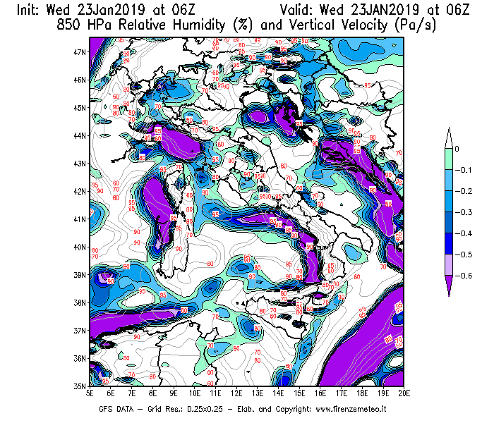 Mappa di analisi GFS - Umidità relativa [%] e Omega [Pa/s] a 850 hPa in Italia
							del 23/01/2019 06 <!--googleoff: index-->UTC<!--googleon: index-->