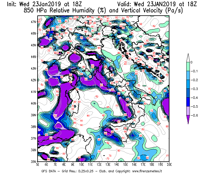 Mappa di analisi GFS - Umidità relativa [%] e Omega [Pa/s] a 850 hPa in Italia
							del 23/01/2019 18 <!--googleoff: index-->UTC<!--googleon: index-->