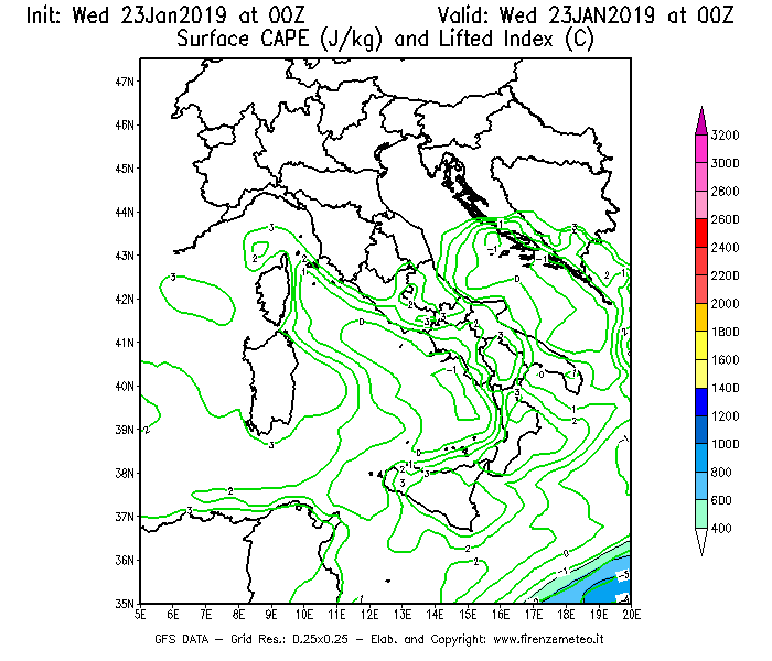 Mappa di analisi GFS - CAPE [J/kg] e Lifted Index [°C] in Italia
							del 23/01/2019 00 <!--googleoff: index-->UTC<!--googleon: index-->