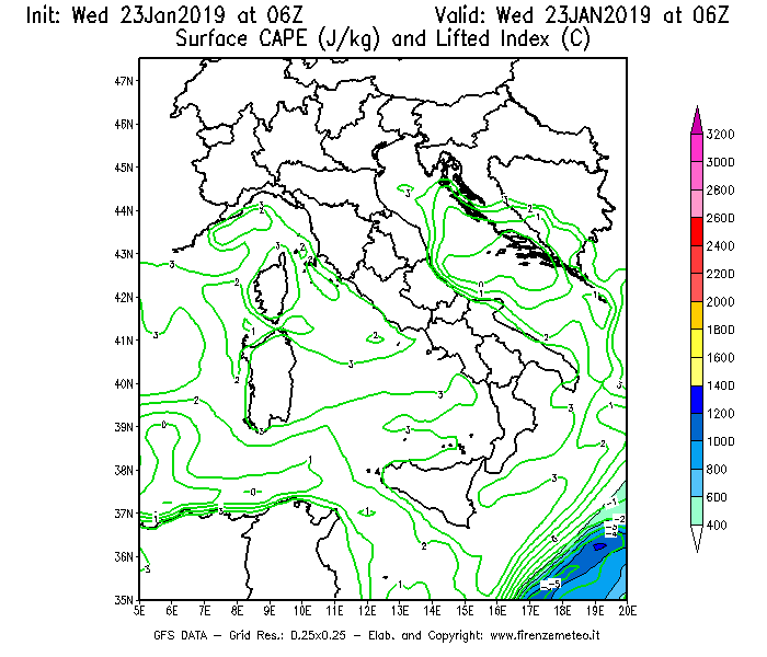 Mappa di analisi GFS - CAPE [J/kg] e Lifted Index [°C] in Italia
							del 23/01/2019 06 <!--googleoff: index-->UTC<!--googleon: index-->