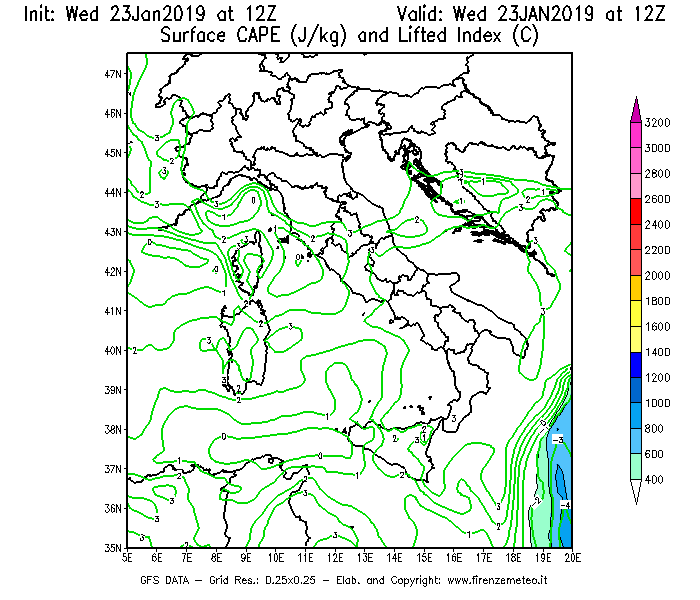 Mappa di analisi GFS - CAPE [J/kg] e Lifted Index [°C] in Italia
							del 23/01/2019 12 <!--googleoff: index-->UTC<!--googleon: index-->