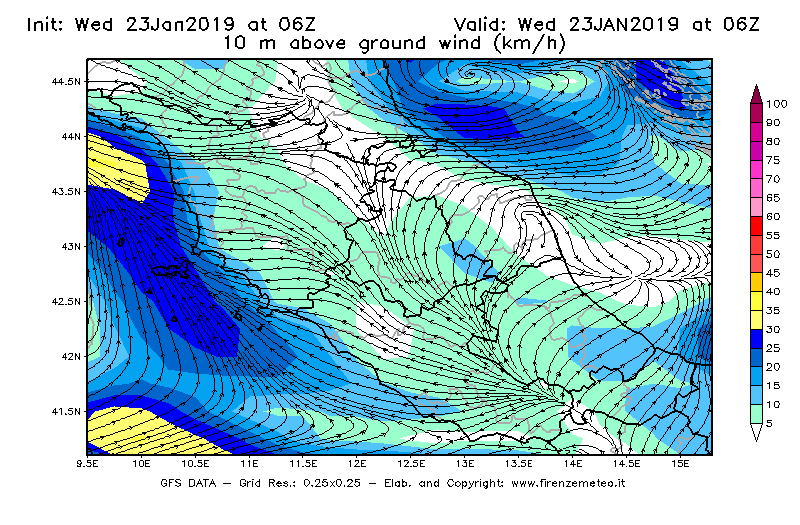 Mappa di analisi GFS - Velocità del vento a 10 metri dal suolo [km/h] in Centro-Italia
							del 23/01/2019 06 <!--googleoff: index-->UTC<!--googleon: index-->