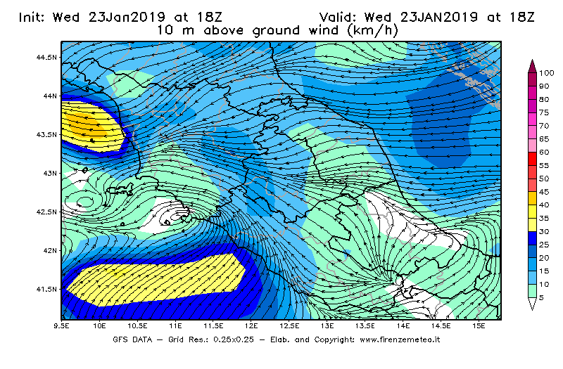 Mappa di analisi GFS - Velocità del vento a 10 metri dal suolo [km/h] in Centro-Italia
							del 23/01/2019 18 <!--googleoff: index-->UTC<!--googleon: index-->