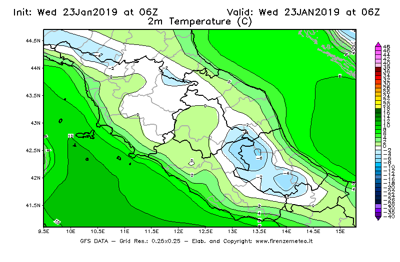 Mappa di analisi GFS - Temperatura a 2 metri dal suolo [°C] in Centro-Italia
							del 23/01/2019 06 <!--googleoff: index-->UTC<!--googleon: index-->