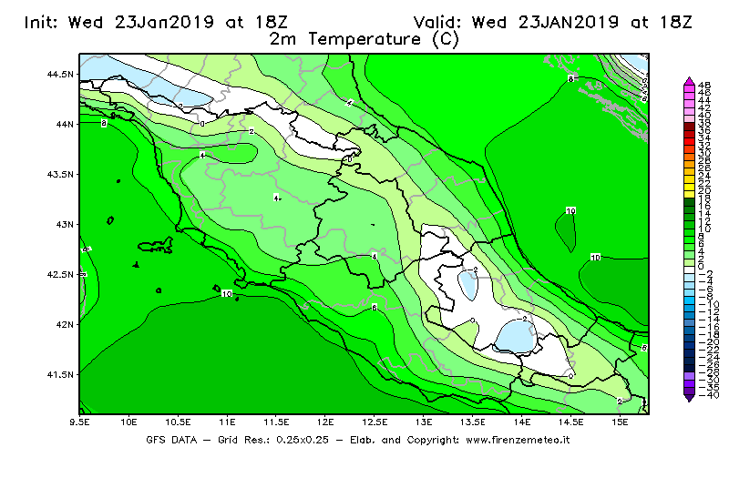 Mappa di analisi GFS - Temperatura a 2 metri dal suolo [°C] in Centro-Italia
							del 23/01/2019 18 <!--googleoff: index-->UTC<!--googleon: index-->