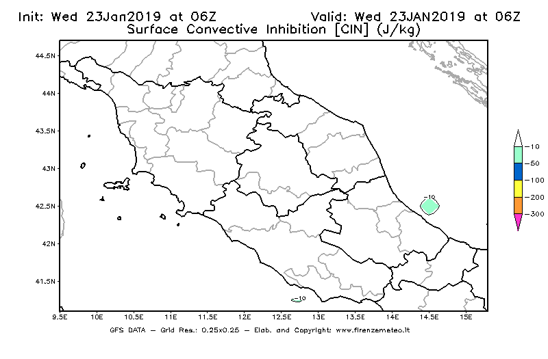 Mappa di analisi GFS - CIN [J/kg] in Centro-Italia
							del 23/01/2019 06 <!--googleoff: index-->UTC<!--googleon: index-->