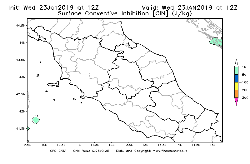 Mappa di analisi GFS - CIN [J/kg] in Centro-Italia
							del 23/01/2019 12 <!--googleoff: index-->UTC<!--googleon: index-->