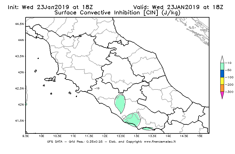 Mappa di analisi GFS - CIN [J/kg] in Centro-Italia
							del 23/01/2019 18 <!--googleoff: index-->UTC<!--googleon: index-->