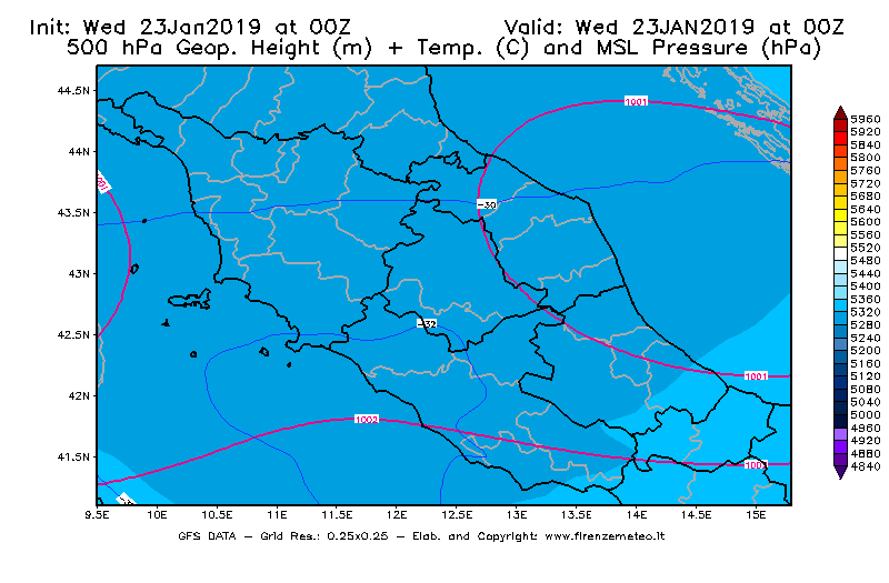 Mappa di analisi GFS - Geopotenziale [m] + Temp. [°C] a 500 hPa + Press. a livello del mare [hPa] in Centro-Italia
							del 23/01/2019 00 <!--googleoff: index-->UTC<!--googleon: index-->