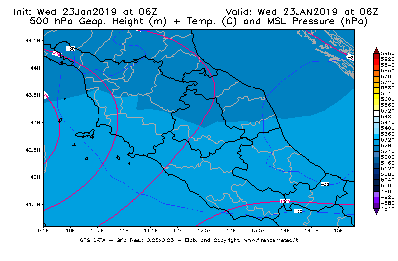 Mappa di analisi GFS - Geopotenziale [m] + Temp. [°C] a 500 hPa + Press. a livello del mare [hPa] in Centro-Italia
							del 23/01/2019 06 <!--googleoff: index-->UTC<!--googleon: index-->