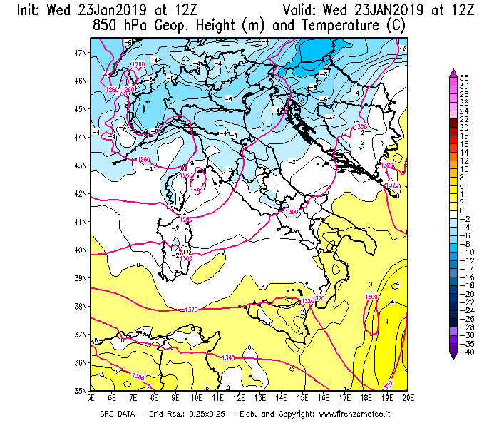 Mappa di analisi GFS - Geopotenziale [m] e Temperatura [°C] a 850 hPa in Italia
							del 23/01/2019 12 <!--googleoff: index-->UTC<!--googleon: index-->