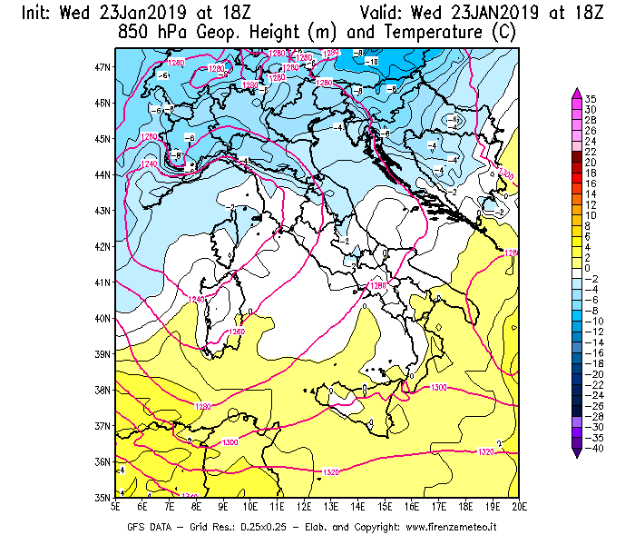 Mappa di analisi GFS - Geopotenziale [m] e Temperatura [°C] a 850 hPa in Italia
							del 23/01/2019 18 <!--googleoff: index-->UTC<!--googleon: index-->