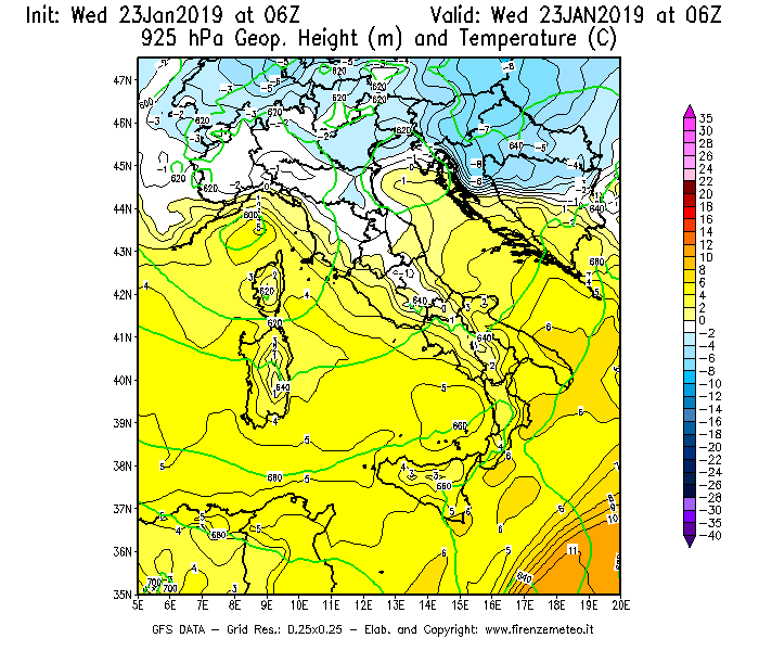 Mappa di analisi GFS - Geopotenziale [m] e Temperatura [°C] a 925 hPa in Italia
							del 23/01/2019 06 <!--googleoff: index-->UTC<!--googleon: index-->