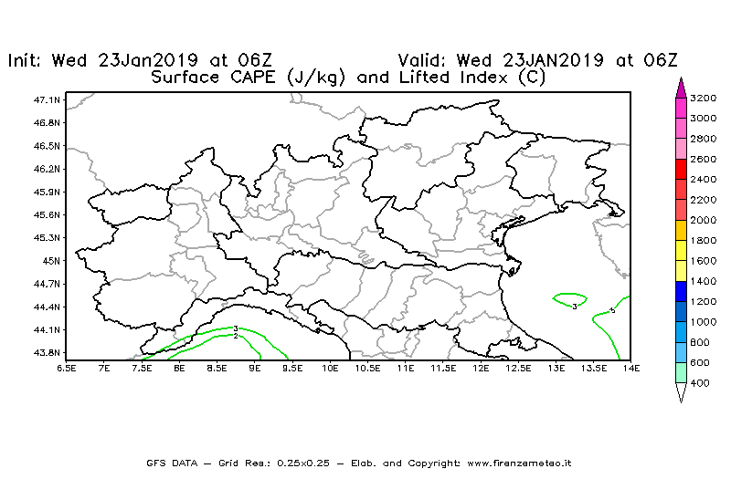 Mappa di analisi GFS - CAPE [J/kg] e Lifted Index [°C] in Nord-Italia
							del 23/01/2019 06 <!--googleoff: index-->UTC<!--googleon: index-->
