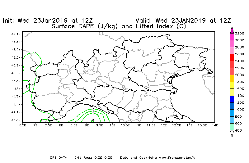 Mappa di analisi GFS - CAPE [J/kg] e Lifted Index [°C] in Nord-Italia
							del 23/01/2019 12 <!--googleoff: index-->UTC<!--googleon: index-->