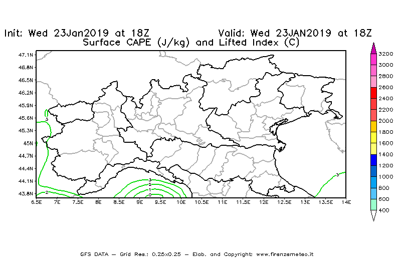Mappa di analisi GFS - CAPE [J/kg] e Lifted Index [°C] in Nord-Italia
							del 23/01/2019 18 <!--googleoff: index-->UTC<!--googleon: index-->