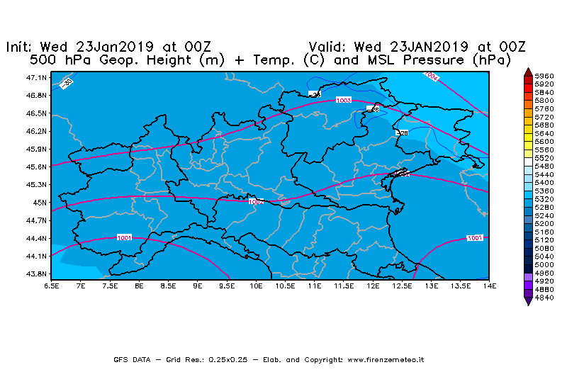 Mappa di analisi GFS - Geopotenziale [m] + Temp. [°C] a 500 hPa + Press. a livello del mare [hPa] in Nord-Italia
							del 23/01/2019 00 <!--googleoff: index-->UTC<!--googleon: index-->
