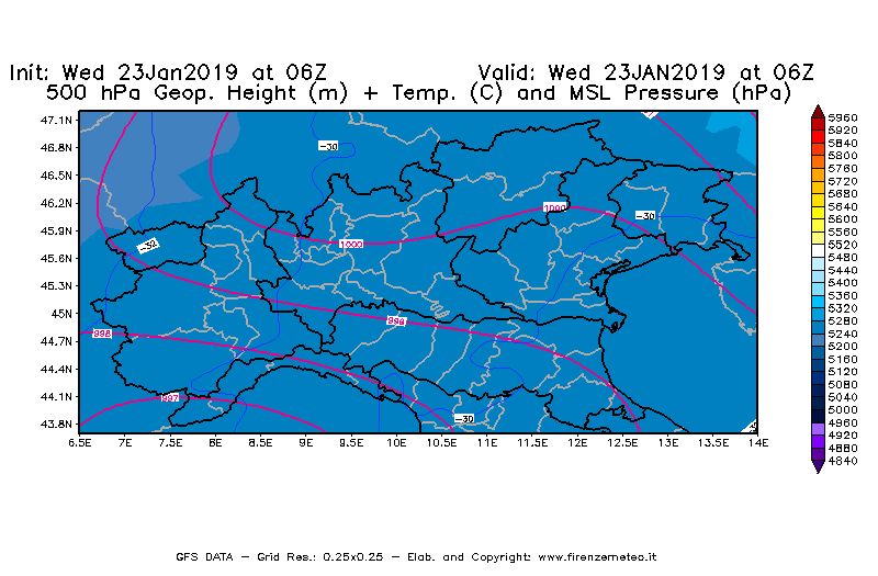 Mappa di analisi GFS - Geopotenziale [m] + Temp. [°C] a 500 hPa + Press. a livello del mare [hPa] in Nord-Italia
							del 23/01/2019 06 <!--googleoff: index-->UTC<!--googleon: index-->