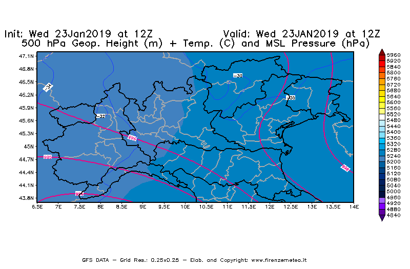 Mappa di analisi GFS - Geopotenziale [m] + Temp. [°C] a 500 hPa + Press. a livello del mare [hPa] in Nord-Italia
							del 23/01/2019 12 <!--googleoff: index-->UTC<!--googleon: index-->