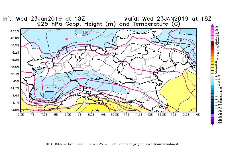 Mappa di analisi GFS - Geopotenziale [m] e Temperatura [°C] a 925 hPa in Nord-Italia
							del 23/01/2019 18 <!--googleoff: index-->UTC<!--googleon: index-->
