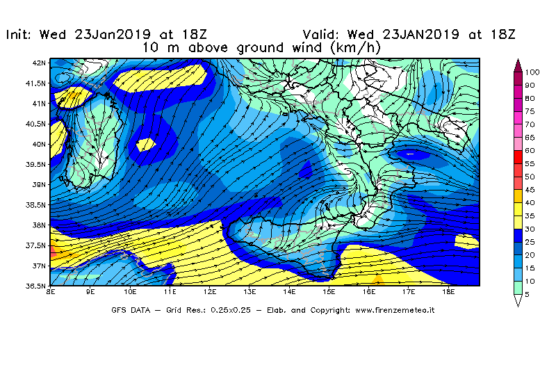 Mappa di analisi GFS - Velocità del vento a 10 metri dal suolo [km/h] in Sud-Italia
							del 23/01/2019 18 <!--googleoff: index-->UTC<!--googleon: index-->