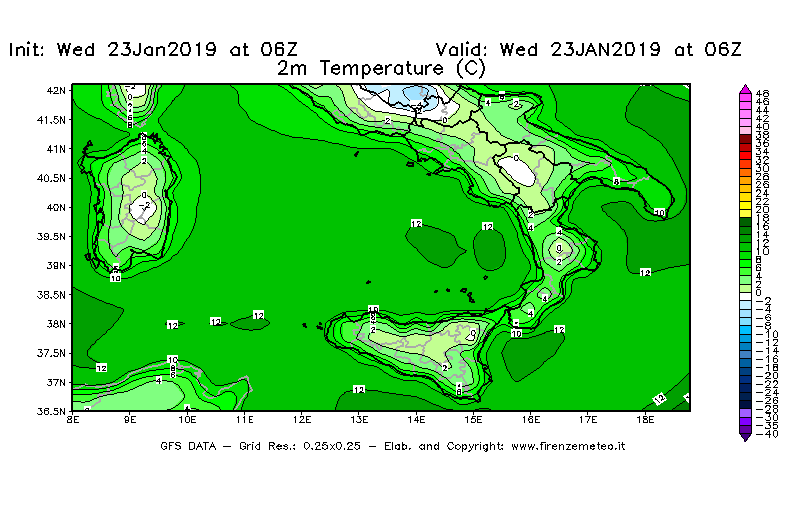 Mappa di analisi GFS - Temperatura a 2 metri dal suolo [°C] in Sud-Italia
							del 23/01/2019 06 <!--googleoff: index-->UTC<!--googleon: index-->