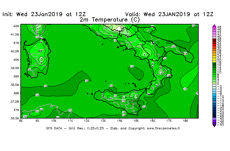 Mappa di analisi GFS - Temperatura a 2 metri dal suolo [°C] in Sud-Italia
							del 23/01/2019 12 <!--googleoff: index-->UTC<!--googleon: index-->