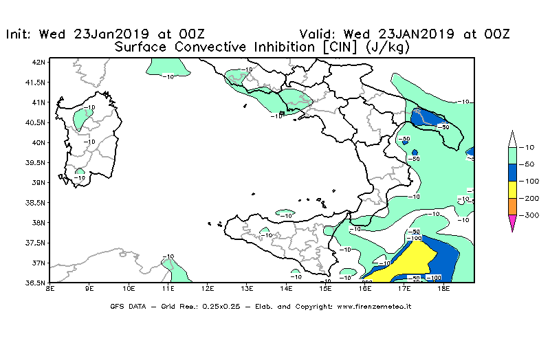 Mappa di analisi GFS - CIN [J/kg] in Sud-Italia
							del 23/01/2019 00 <!--googleoff: index-->UTC<!--googleon: index-->