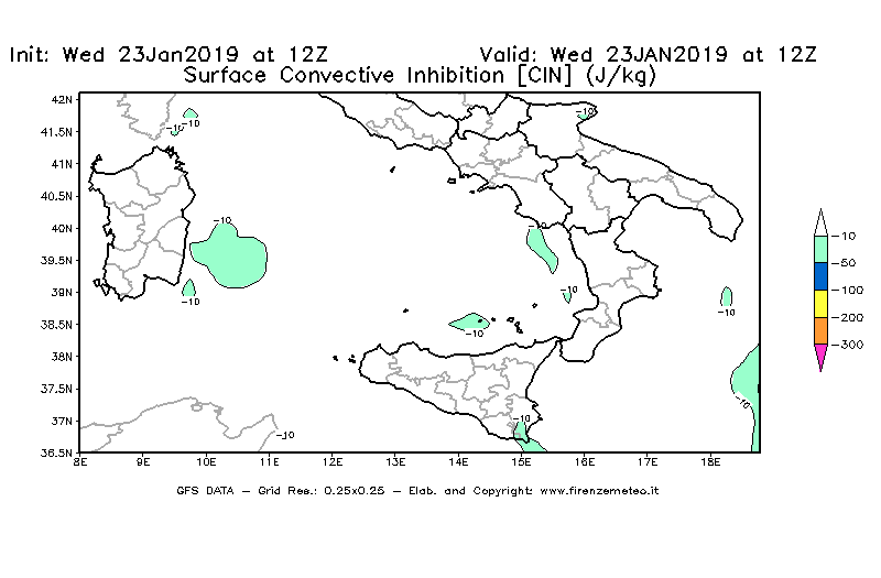 Mappa di analisi GFS - CIN [J/kg] in Sud-Italia
							del 23/01/2019 12 <!--googleoff: index-->UTC<!--googleon: index-->