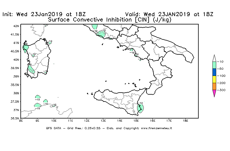 Mappa di analisi GFS - CIN [J/kg] in Sud-Italia
							del 23/01/2019 18 <!--googleoff: index-->UTC<!--googleon: index-->