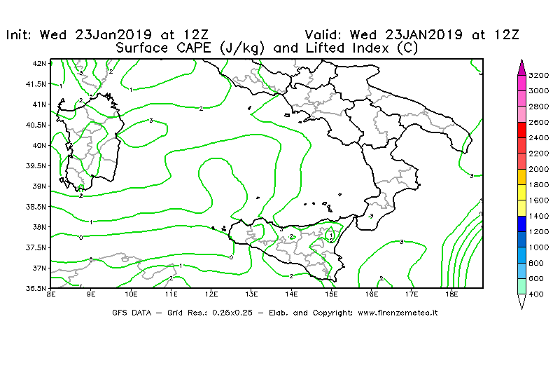 Mappa di analisi GFS - CAPE [J/kg] e Lifted Index [°C] in Sud-Italia
							del 23/01/2019 12 <!--googleoff: index-->UTC<!--googleon: index-->
