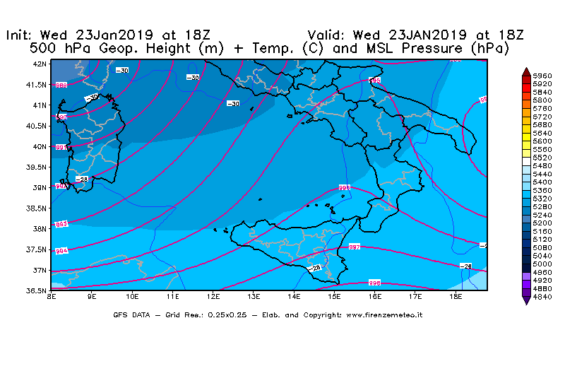 Mappa di analisi GFS - Geopotenziale [m] + Temp. [°C] a 500 hPa + Press. a livello del mare [hPa] in Sud-Italia
							del 23/01/2019 18 <!--googleoff: index-->UTC<!--googleon: index-->