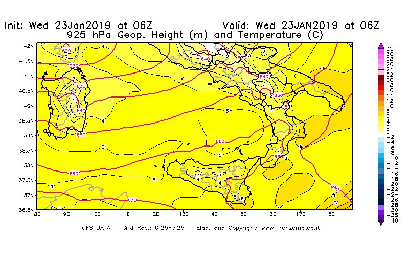 Mappa di analisi GFS - Geopotenziale [m] e Temperatura [°C] a 925 hPa in Sud-Italia
							del 23/01/2019 06 <!--googleoff: index-->UTC<!--googleon: index-->