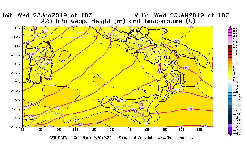 Mappa di analisi GFS - Geopotenziale [m] e Temperatura [°C] a 925 hPa in Sud-Italia
							del 23/01/2019 18 <!--googleoff: index-->UTC<!--googleon: index-->