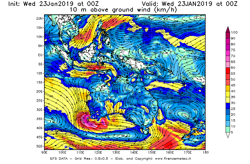 Mappa di analisi GFS - Velocità del vento a 10 metri dal suolo [km/h] in Oceania
							del 23/01/2019 00 <!--googleoff: index-->UTC<!--googleon: index-->