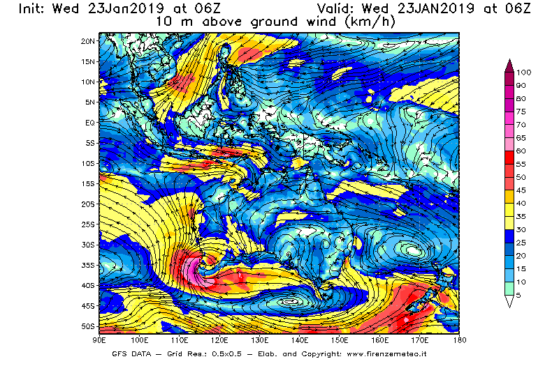 Mappa di analisi GFS - Velocità del vento a 10 metri dal suolo [km/h] in Oceania
							del 23/01/2019 06 <!--googleoff: index-->UTC<!--googleon: index-->