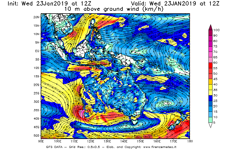 Mappa di analisi GFS - Velocità del vento a 10 metri dal suolo [km/h] in Oceania
							del 23/01/2019 12 <!--googleoff: index-->UTC<!--googleon: index-->