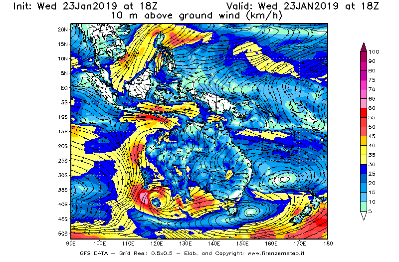 Mappa di analisi GFS - Velocità del vento a 10 metri dal suolo [km/h] in Oceania
							del 23/01/2019 18 <!--googleoff: index-->UTC<!--googleon: index-->
