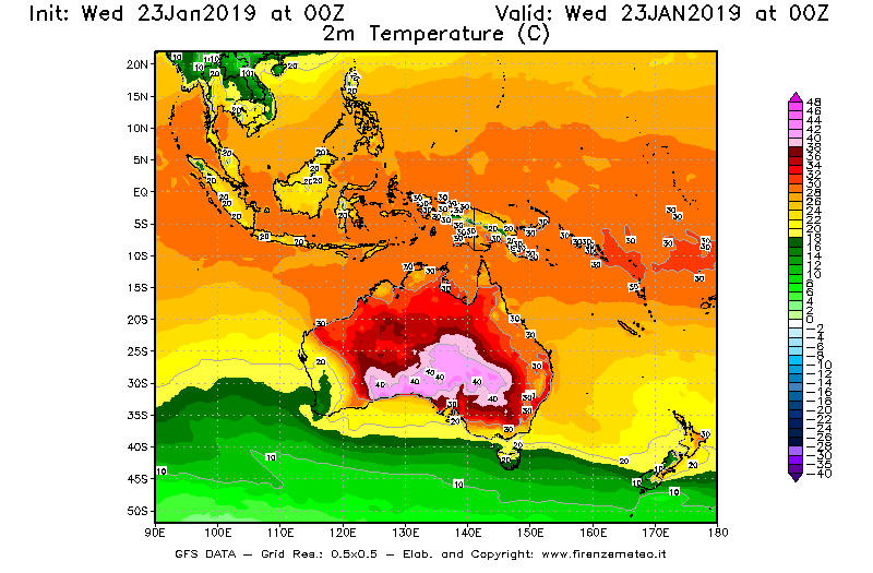 Mappa di analisi GFS - Temperatura a 2 metri dal suolo [°C] in Oceania
							del 23/01/2019 00 <!--googleoff: index-->UTC<!--googleon: index-->