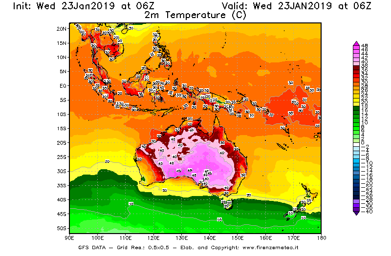 Mappa di analisi GFS - Temperatura a 2 metri dal suolo [°C] in Oceania
							del 23/01/2019 06 <!--googleoff: index-->UTC<!--googleon: index-->